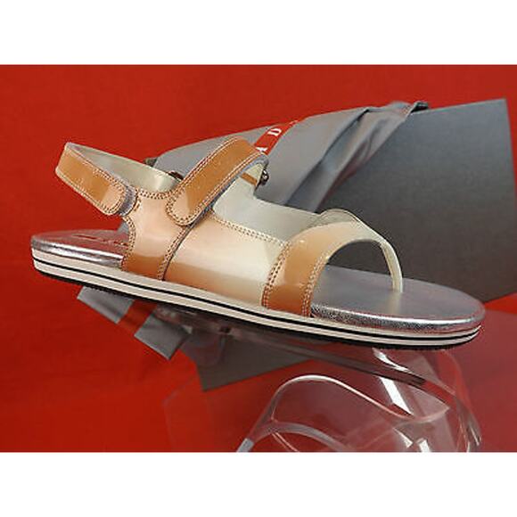 PRADA PATENT OMBRE LEATHER FLATS TWO TONES GLADIATOR LOGO THONG SANDALS 37.5 - Picture 6 of 12